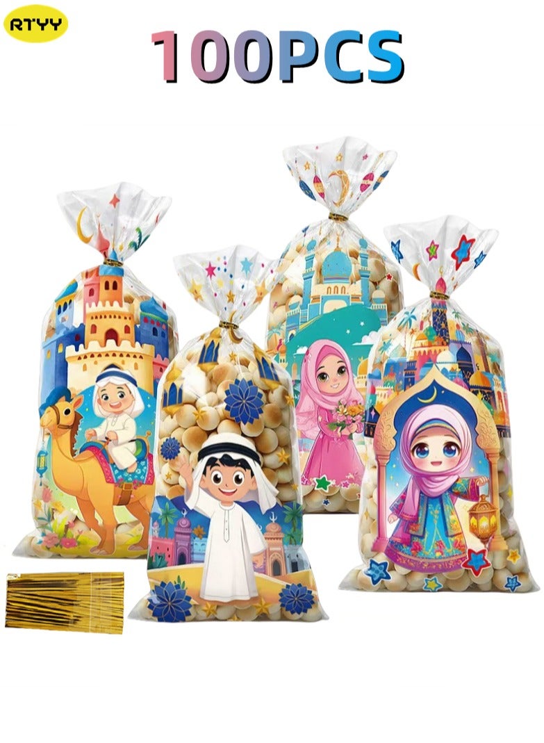 RTYY 100 قطعة من أكياس الحلوى المصنوعة من السيلوفان، وحقائب هدايا الحلوى المطبوعة بشخصيات كرتونية مع أربطة ملتوية، وحقيبة هدايا لرمضان وعيد الأضحى، وحقائب بلاستيكية لهدايا أعياد الميلاد، وحقائب تغليف هدايا الحفلات ليوم الفخر وحفلات استقبال المولود ومستلزمات حفلات أعياد الميلاد - Image 1
