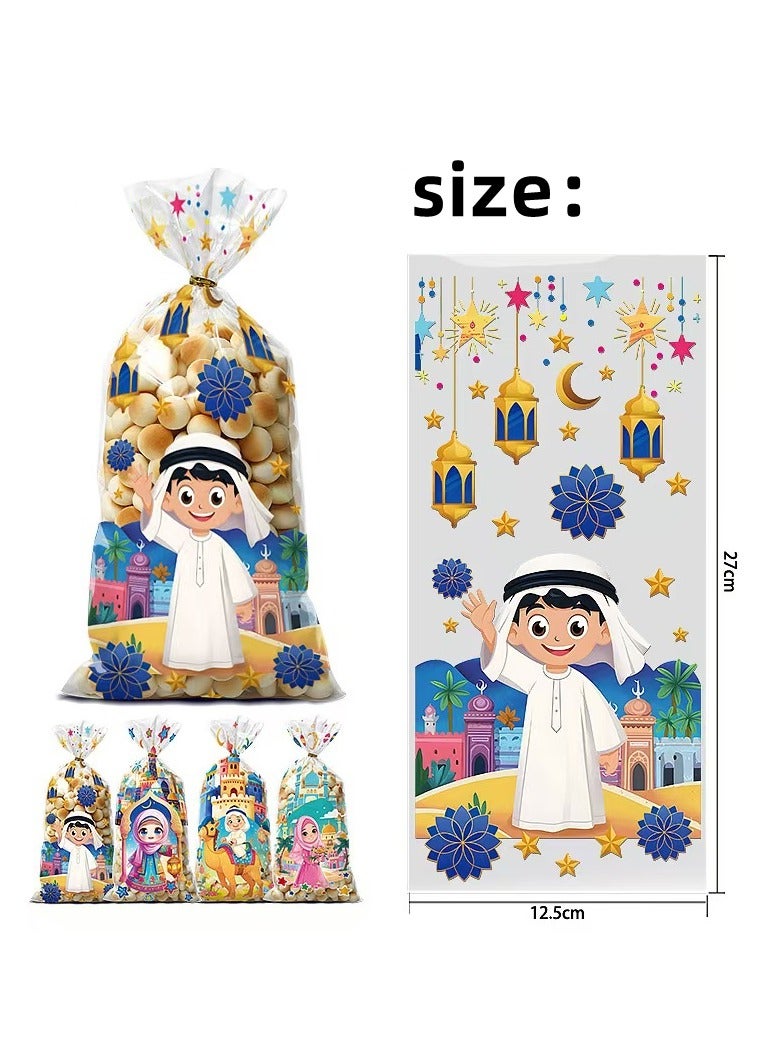 RTYY 100 قطعة من أكياس الحلوى المصنوعة من السيلوفان، وحقائب هدايا الحلوى المطبوعة بشخصيات كرتونية مع أربطة ملتوية، وحقيبة هدايا لرمضان وعيد الأضحى، وحقائب بلاستيكية لهدايا أعياد الميلاد، وحقائب تغليف هدايا الحفلات ليوم الفخر وحفلات استقبال المولود ومستلزمات حفلات أعياد الميلاد - Image 4