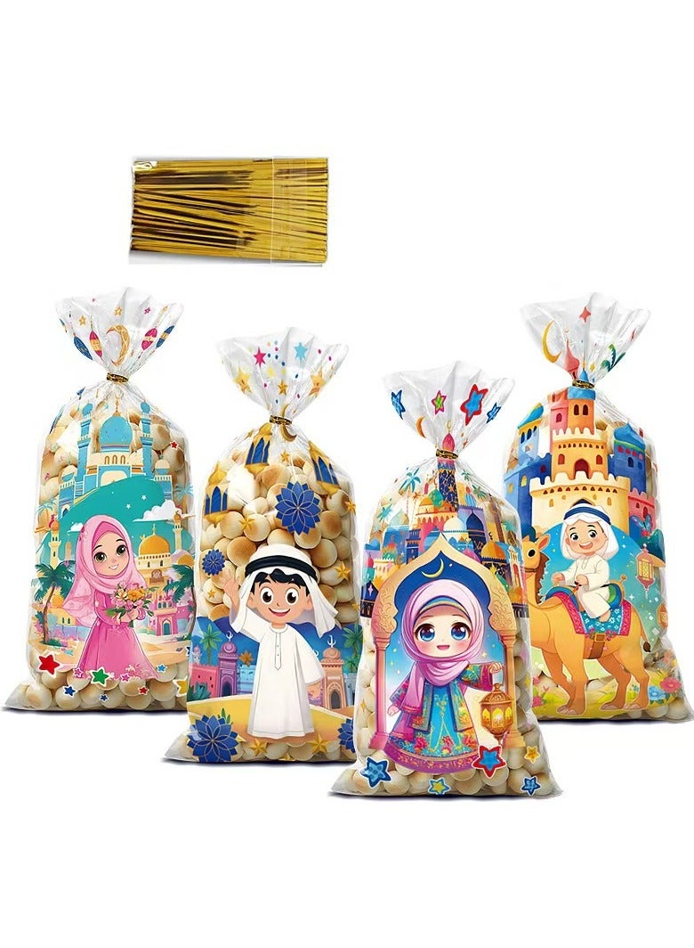RTYY 100 قطعة من أكياس الحلوى المصنوعة من السيلوفان، وحقائب هدايا الحلوى المطبوعة بشخصيات كرتونية مع أربطة ملتوية، وحقيبة هدايا لرمضان وعيد الأضحى، وحقائب بلاستيكية لهدايا أعياد الميلاد، وحقائب تغليف هدايا الحفلات ليوم الفخر وحفلات استقبال المولود ومستلزمات حفلات أعياد الميلاد - Image 2