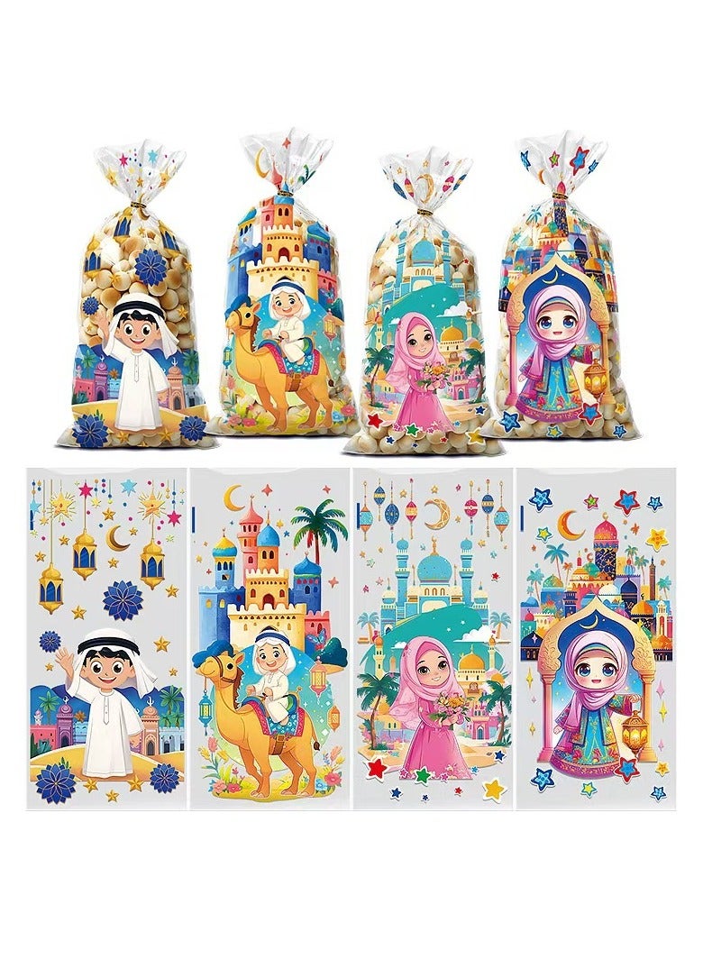 RTYY 100 قطعة من أكياس الحلوى المصنوعة من السيلوفان، وحقائب هدايا الحلوى المطبوعة بشخصيات كرتونية مع أربطة ملتوية، وحقيبة هدايا لرمضان وعيد الأضحى، وحقائب بلاستيكية لهدايا أعياد الميلاد، وحقائب تغليف هدايا الحفلات ليوم الفخر وحفلات استقبال المولود ومستلزمات حفلات أعياد الميلاد - Image 3