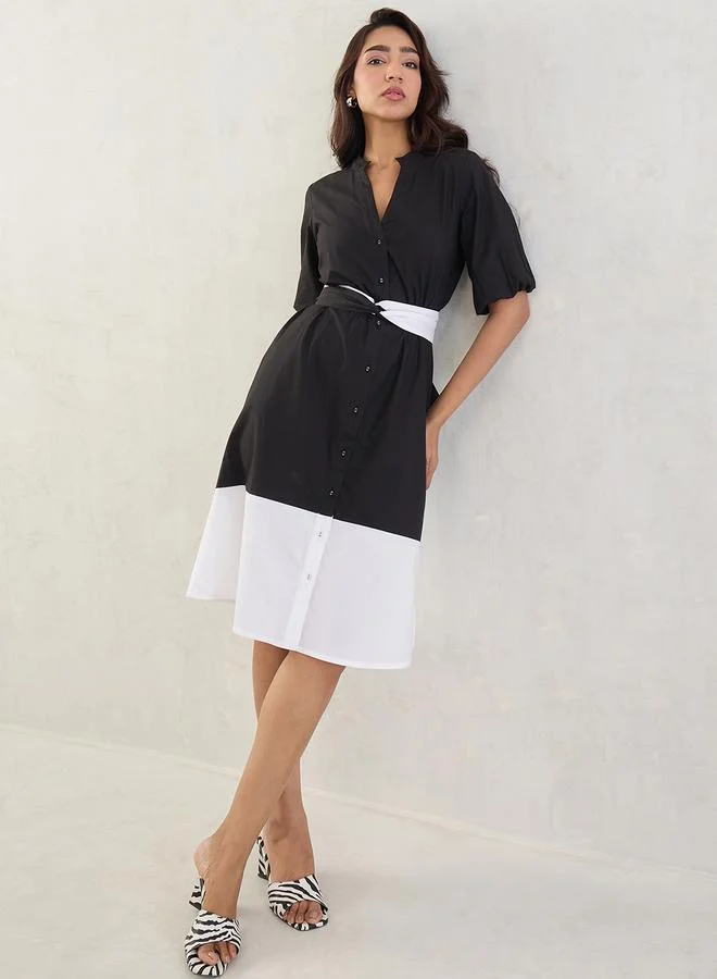 Femmella Femmella Black Color Block Button Down A-Line Midi Dress with Belt Detail