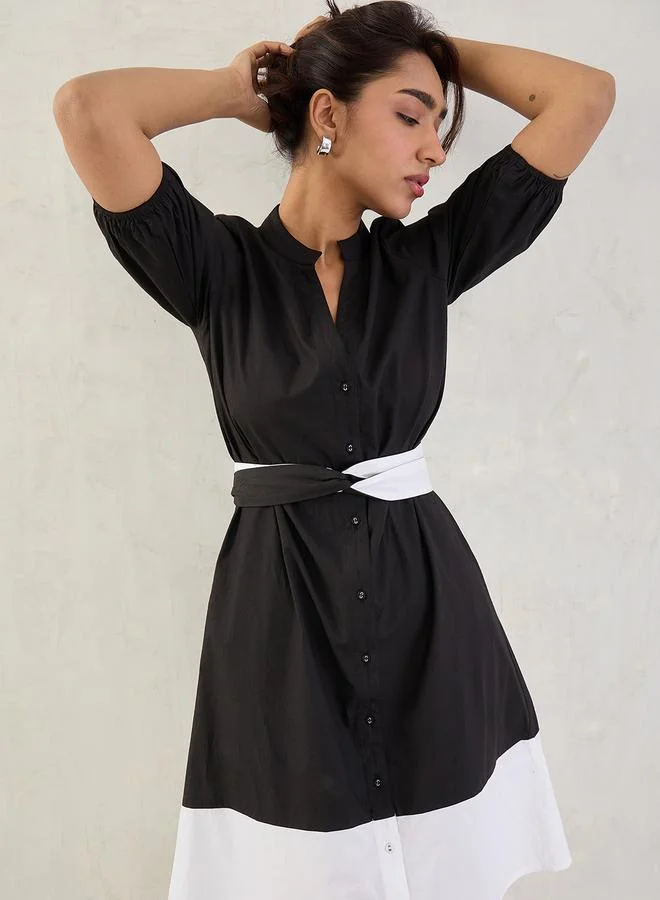 Femmella Femmella Black Color Block Button Down A-Line Midi Dress with Belt Detail