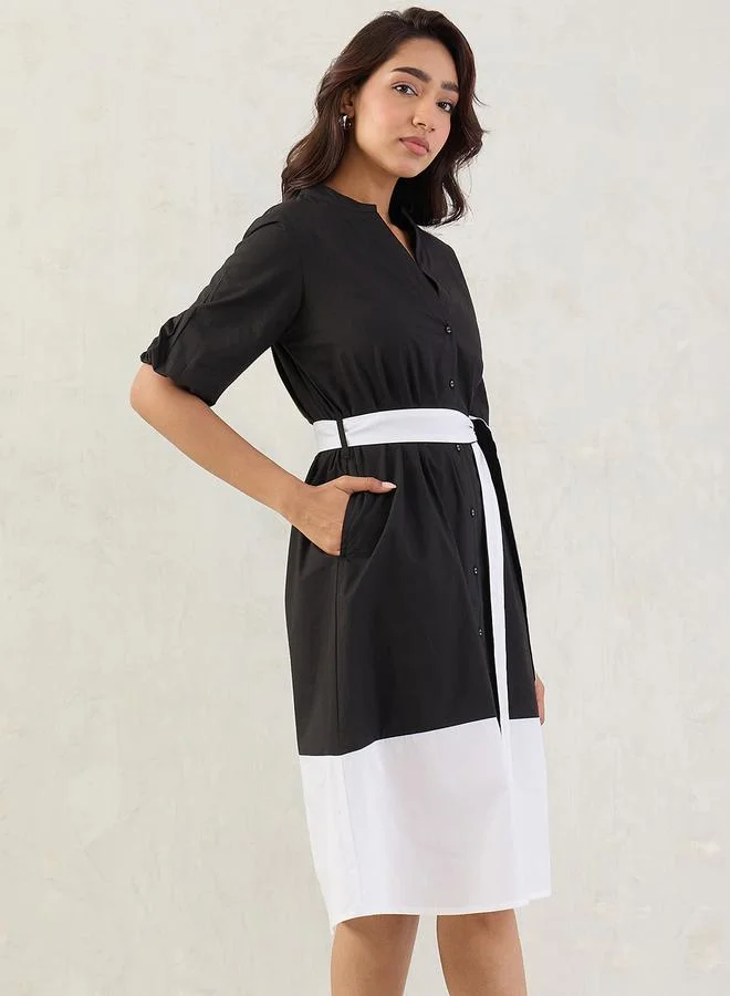 Femmella Femmella Black Color Block Button Down A-Line Midi Dress with Belt Detail