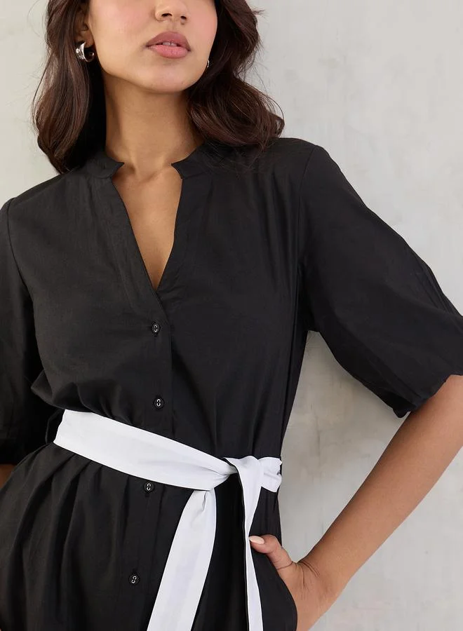 Femmella Femmella Black Color Block Button Down A-Line Midi Dress with Belt Detail