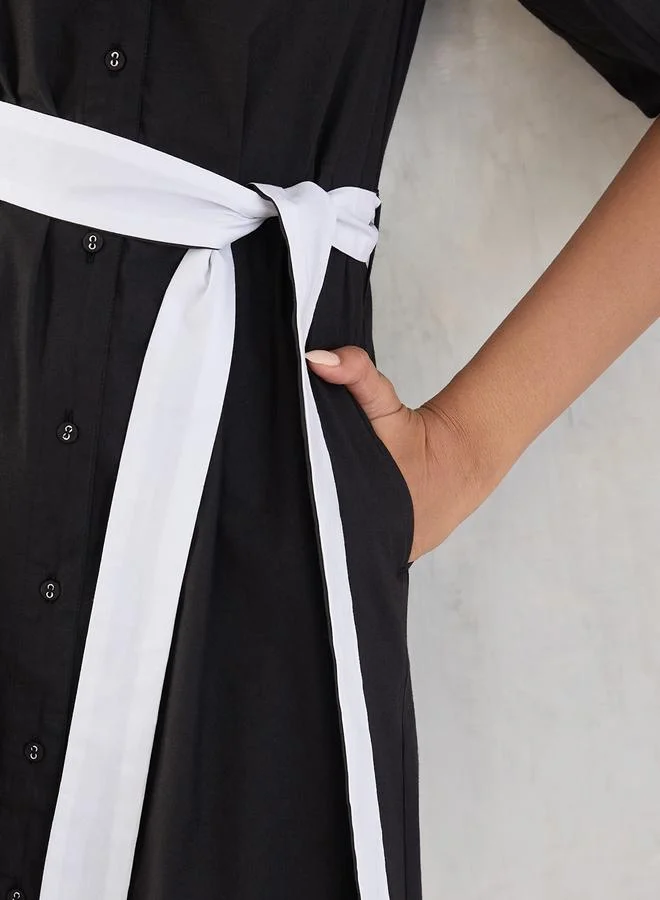 Femmella Femmella Black Color Block Button Down A-Line Midi Dress with Belt Detail