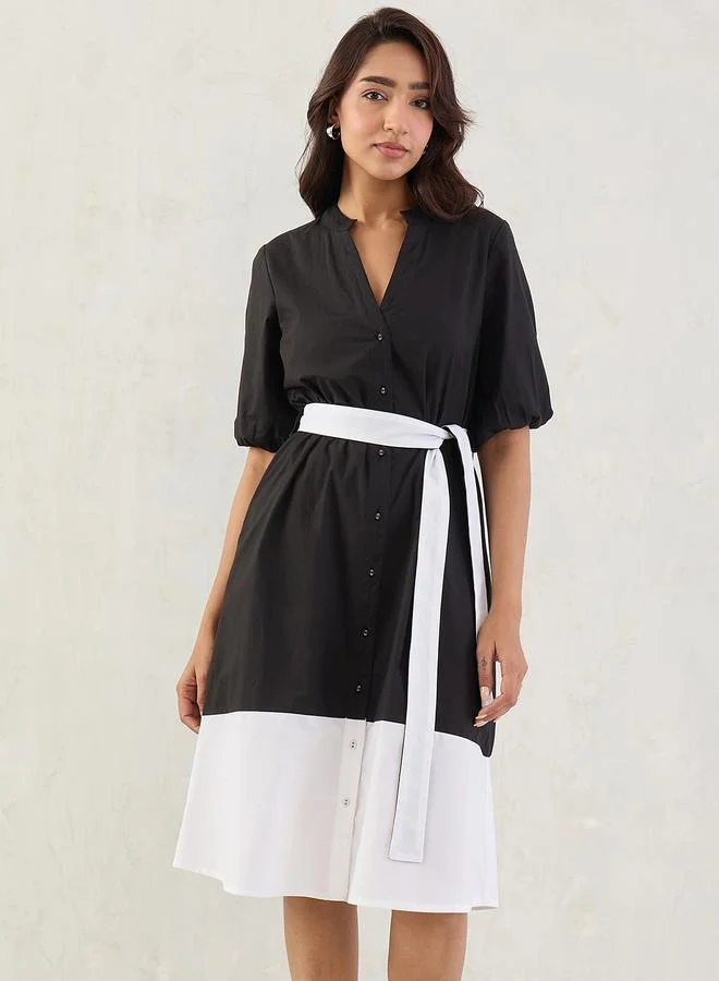 Femmella Femmella Black Color Block Button Down A-Line Midi Dress with Belt Detail