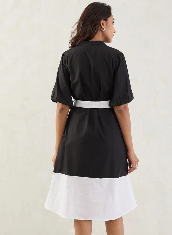 Femmella Femmella Black Color Block Button Down A-Line Midi Dress with Belt Detail