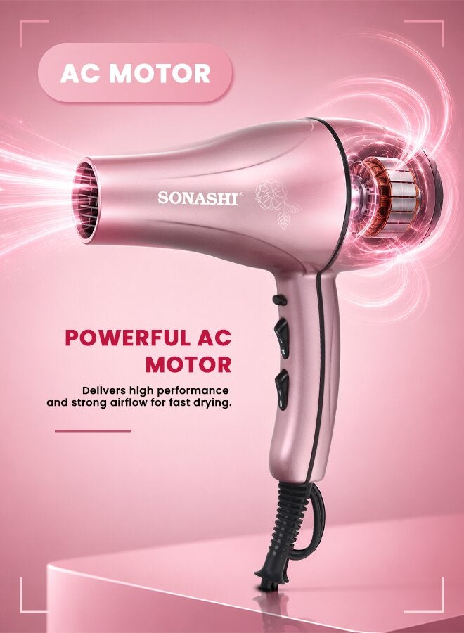 SONASHI Hair Dryer 2000W  Builtin 2 HeatAirflow Settings with Cool Shot Function  AC Motor with Cold and Hot Wind Feature  Stylish Lightweight Design For Comfort Use  SHD-3046 Rose-Gold - Image 4