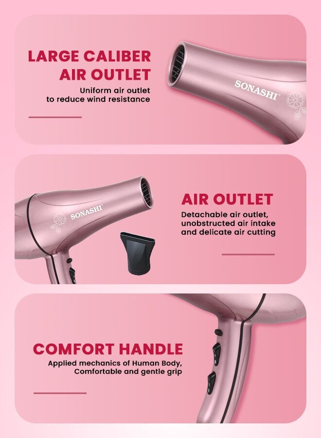 SONASHI Hair Dryer 2000W  Builtin 2 HeatAirflow Settings with Cool Shot Function  AC Motor with Cold and Hot Wind Feature  Stylish Lightweight Design For Comfort Use  SHD-3046 Rose-Gold - Image 3