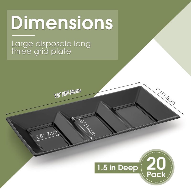 Ziliny 3 Section Serving Tray Bulk Serving Dish Compartment Appetizer Tray Plastic Dessert Platter Rectangular Divided Bowls Disposable Plate for Snack Desserts Fruit 15 x 7 inBlack - Image 2