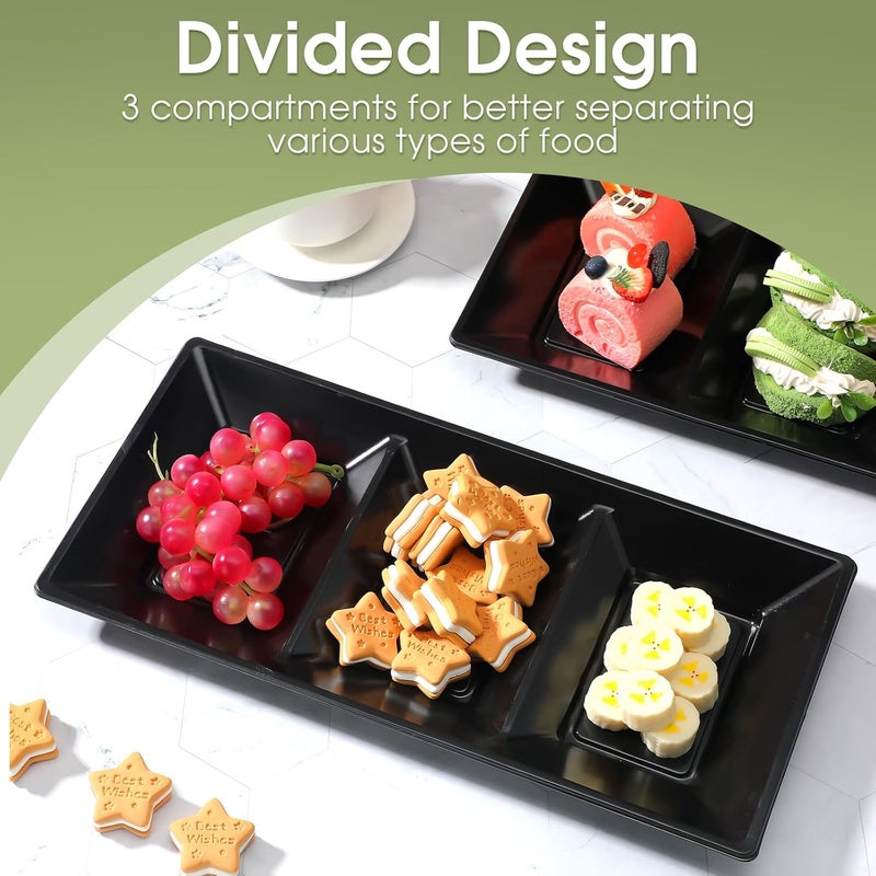 Ziliny 3 Section Serving Tray Bulk Serving Dish Compartment Appetizer Tray Plastic Dessert Platter Rectangular Divided Bowls Disposable Plate for Snack Desserts Fruit 15 x 7 inBlack - Image 4