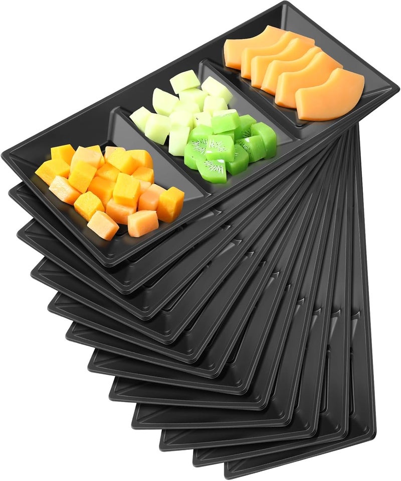 Ziliny 3 Section Serving Tray Bulk Serving Dish Compartment Appetizer Tray Plastic Dessert Platter Rectangular Divided Bowls Disposable Plate for Snack Desserts Fruit 15 x 7 inBlack - Image 1