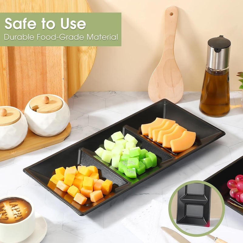 Ziliny 3 Section Serving Tray Bulk Serving Dish Compartment Appetizer Tray Plastic Dessert Platter Rectangular Divided Bowls Disposable Plate for Snack Desserts Fruit 15 x 7 inBlack - Image 3