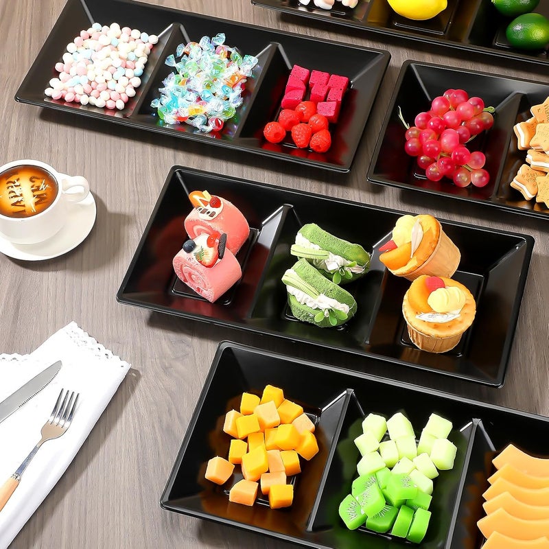 Ziliny 3 Section Serving Tray Bulk Serving Dish Compartment Appetizer Tray Plastic Dessert Platter Rectangular Divided Bowls Disposable Plate for Snack Desserts Fruit 15 x 7 inBlack - Image 5