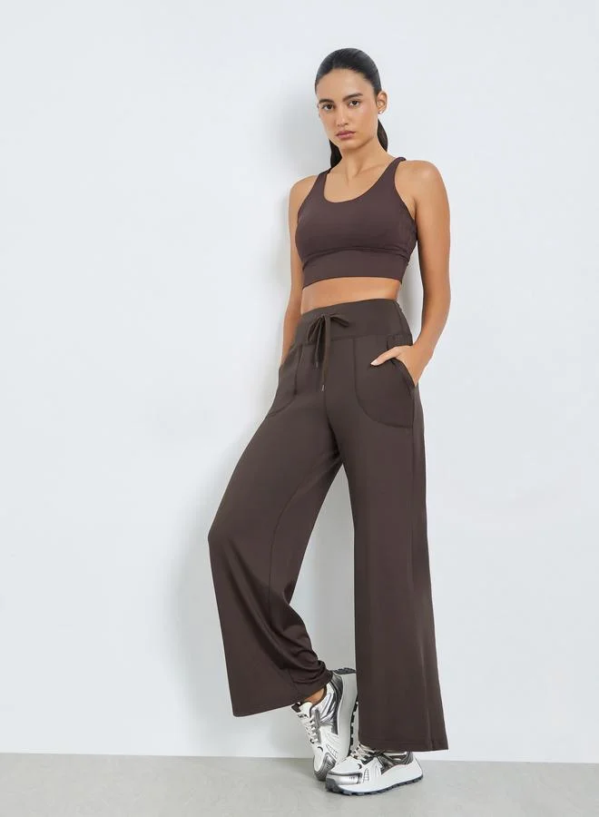 Styli Active Brown Broad Waist Tie and Pocket Detail Loose Straight Pants