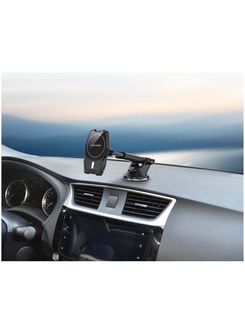 porodo Magsafe Wireless Car Mount Dual Stand Combo 15W / Fast Charging / Re-washable Suction Base / Dual Mount Combo / Extendable Neck / Super Convenient / Extend Up to 18cm / Strong Magnets - Black - Image 5