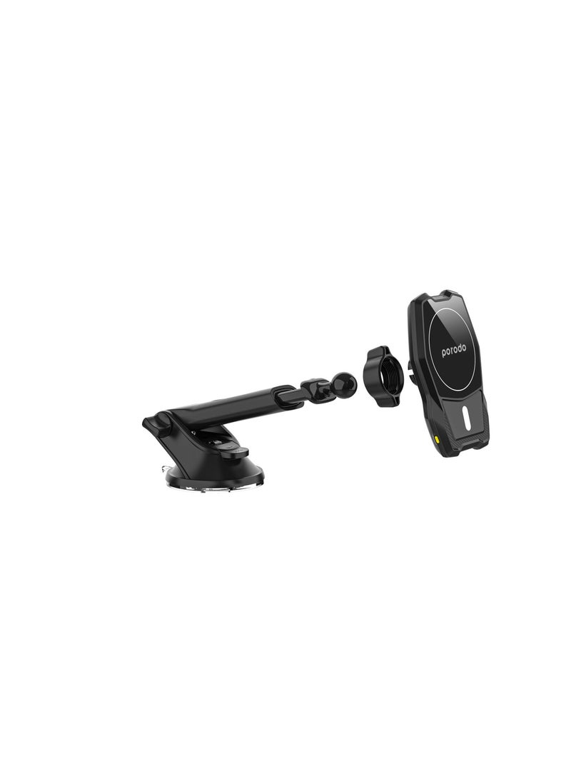 porodo Magsafe Wireless Car Mount Dual Stand Combo 15W / Fast Charging / Re-washable Suction Base / Dual Mount Combo / Extendable Neck / Super Convenient / Extend Up to 18cm / Strong Magnets - Black - Image 4
