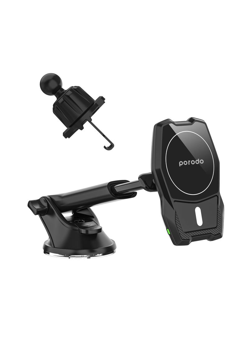 porodo Magsafe Wireless Car Mount Dual Stand Combo 15W / Fast Charging / Re-washable Suction Base / Dual Mount Combo / Extendable Neck / Super Convenient / Extend Up to 18cm / Strong Magnets - Black - Image 1