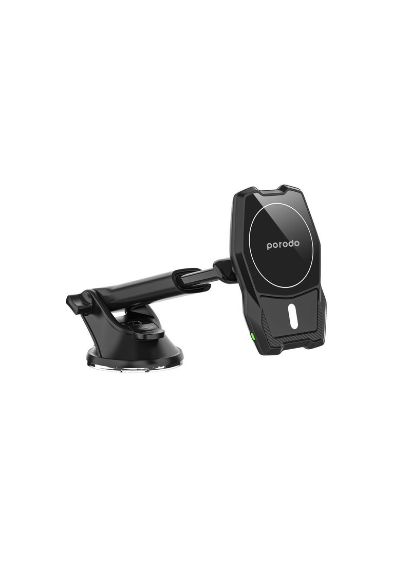 porodo Magsafe Wireless Car Mount Dual Stand Combo 15W / Fast Charging / Re-washable Suction Base / Dual Mount Combo / Extendable Neck / Super Convenient / Extend Up to 18cm / Strong Magnets - Black - Image 3