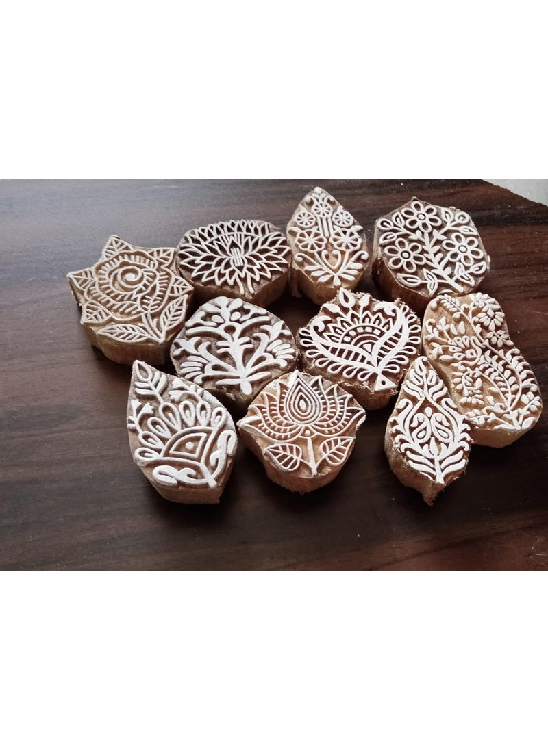Generic Wooden Printing Blocks Set of 10 Paisely and Floral Design Wooden Blocks Stamps Wooden Blocks for Block Printing Craft Kids Tattoo Henna Fabric Textile Paper Clay Pottery HandCarved 