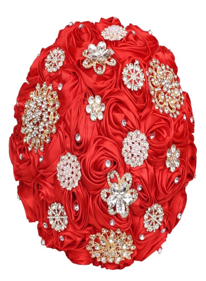 Gkvszy Red Bridal Wedding Bouquet Handmade with Luxury Gold Rhinestone Brooch for Bride Bridesmaid Quinceanera Satin Rose Bouquet Flower Wedding Red 8.7in - Image 1