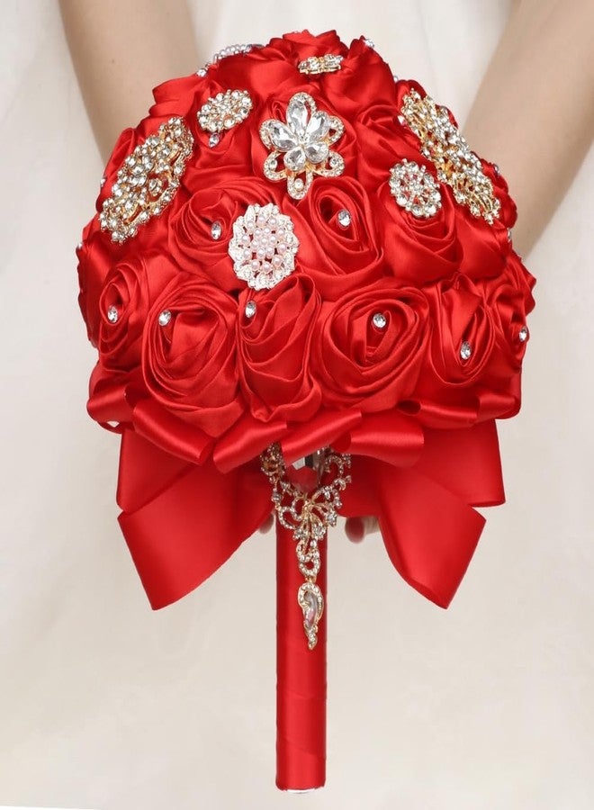 Gkvszy Red Bridal Wedding Bouquet Handmade with Luxury Gold Rhinestone Brooch for Bride Bridesmaid Quinceanera Satin Rose Bouquet Flower Wedding Red 8.7in - Image 2