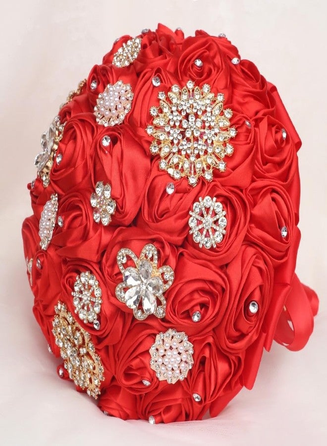 Gkvszy Red Bridal Wedding Bouquet Handmade with Luxury Gold Rhinestone Brooch for Bride Bridesmaid Quinceanera Satin Rose Bouquet Flower Wedding Red 8.7in - Image 3