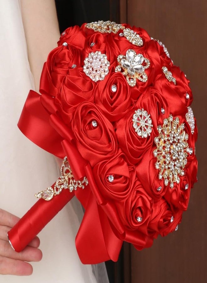 Gkvszy Red Bridal Wedding Bouquet Handmade with Luxury Gold Rhinestone Brooch for Bride Bridesmaid Quinceanera Satin Rose Bouquet Flower Wedding Red 8.7in - Image 5