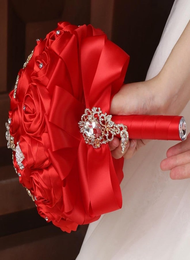 Gkvszy Red Bridal Wedding Bouquet Handmade with Luxury Gold Rhinestone Brooch for Bride Bridesmaid Quinceanera Satin Rose Bouquet Flower Wedding Red 8.7in - Image 4