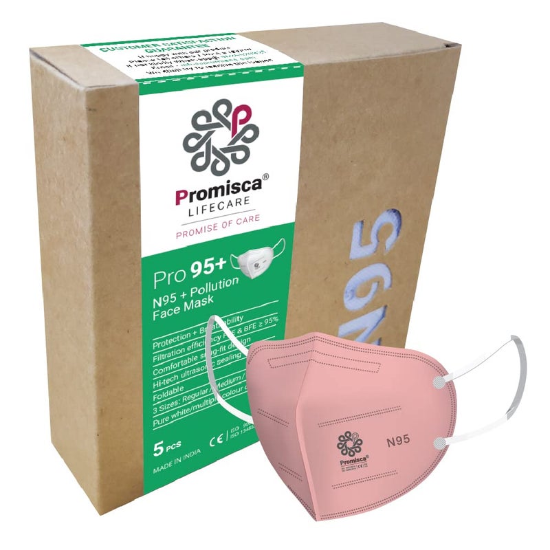 PROMISCA New N95 Pollution Mask (Pack of 5) Ear Loop Style Protective Face Mask 5 layered filtration with genuine Melt Blown and Hot Air Cotton Layers Pink Regular - Image 1