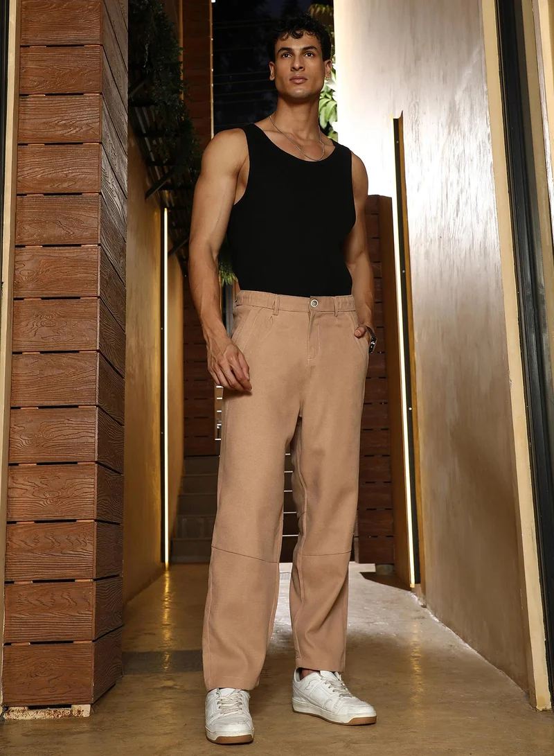 CAHOOT  Men Twill-Panelled Chino Trousers | Mid-Rise , Elasticated Waistband | Button Closure , Straight Hem | Solid Twill | Woven Fabric For Casual & Daily Wear | Khaki Beige for Men | Best Price UAE