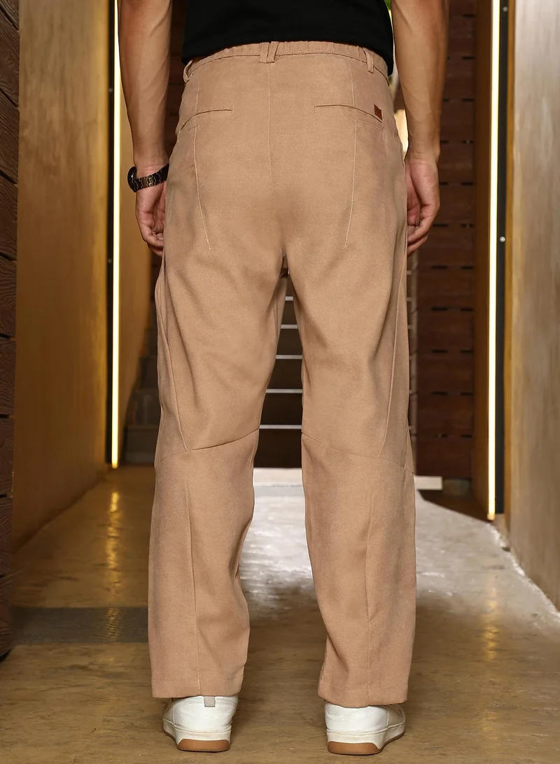 CAHOOT  Men Twill-Panelled Chino Trousers | Mid-Rise , Elasticated Waistband | Button Closure , Straight Hem | Solid Twill | Woven Fabric For Casual & Daily Wear | Khaki Beige for Men | Best Price UAE