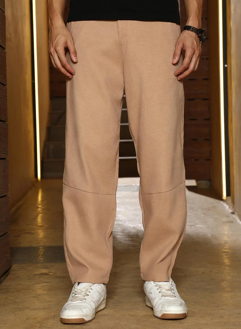 Campus Sutra Men Twill-Panelled Chino Trousers | Mid-Rise , Elasticated Waistband | Button Closure , Straight Hem | Solid Twill | Woven Fabric For Casual & Daily Wear | Khaki Beige