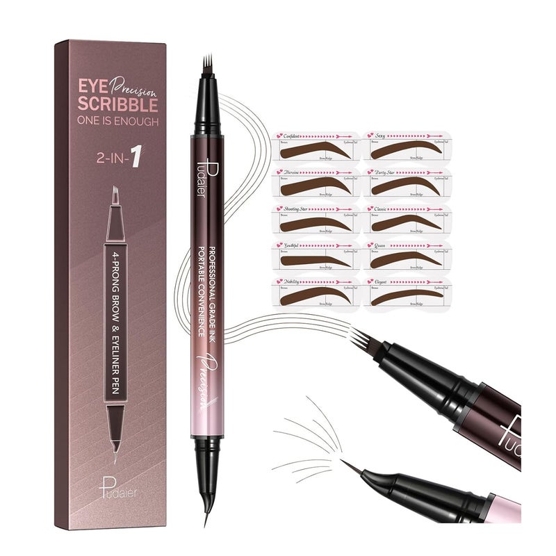 pudaier 2in1 Curved Eyebrow Pen and Eyeliner with 10Pcs Brow Stencils Microblading Eyebrow Pencil with 4 ForkTip and Curved Precise Tip Waterproof and Long Lasting Eyebrow Pencils for Women Dark Brown
