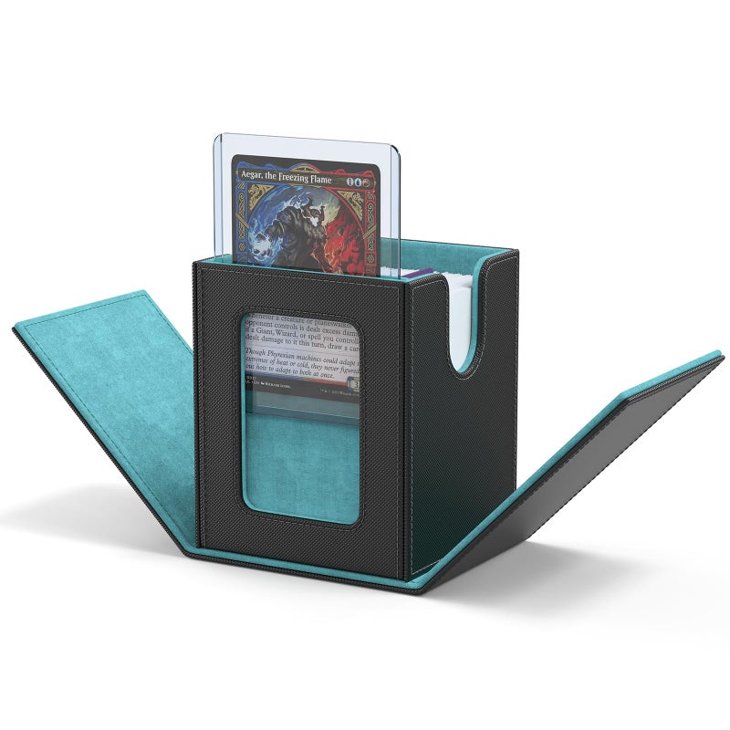 ZLCA MTG Deck Box with Commander Window Display, Trading Card Storage Box Holds 100 Double-Sleeved Cards Suitable for TCG/CCG/PTCG/EDH/Magic/Sport Cards (Grey&Blue) - Image 1