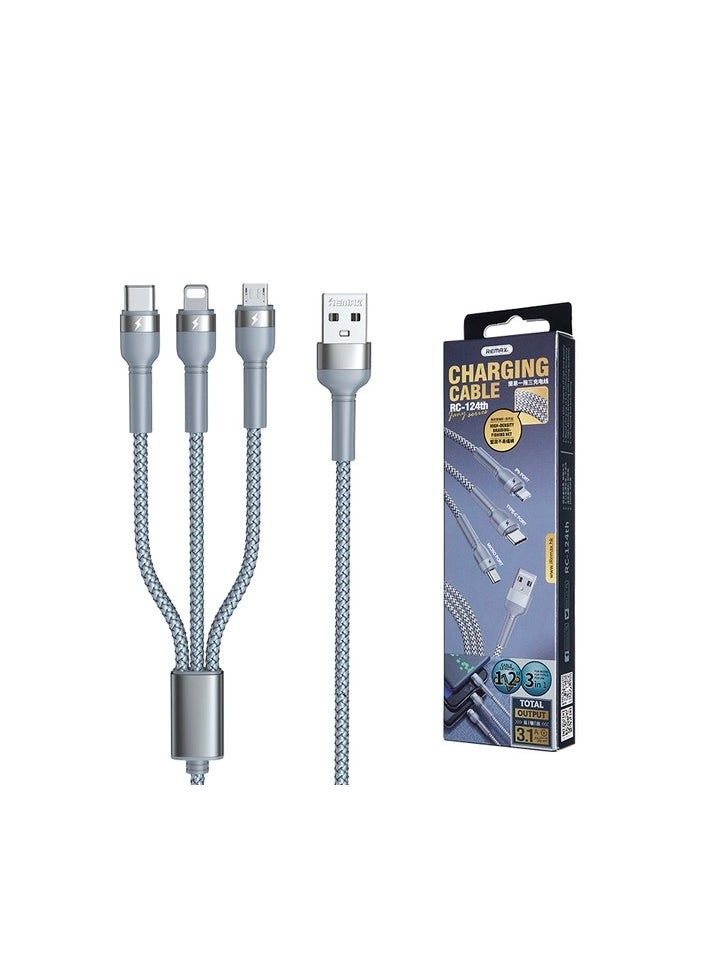 REMAX - Rc-124th Charging Cable 3in1 1.2M Fast Charger - Silver - Image 1