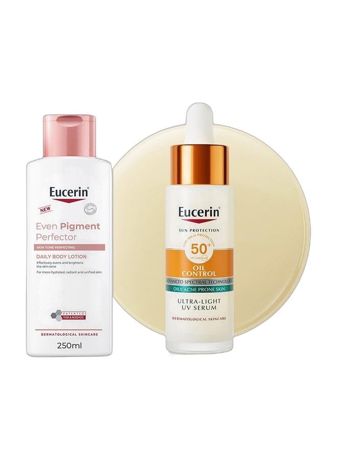 Eucerin Even Pigment Perfector Daily Body Lotion With Thiamidol And Hyaluronic Acid For Even, Radiant, Smooth And Clear Skin 250Ml & Eucerin Sunscreen Oil Control Ultra-Light UV Daily Serum SPF 50+, Ultra-light & Mattifying Face Serum with SPF. Offers Very High UVA/UVB Protection, Oil Control & Pollution Defense for Oily & Acne Prone Skin. 30 ml Bundle - Image 1