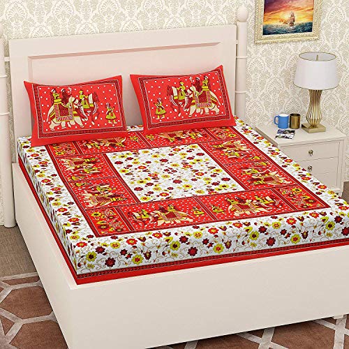UNIBLISS 144 TC 100% Cotton Rajasthani Jaipuri Traditional Bedsheet with 2 Pillow Covers - Red - Image 1