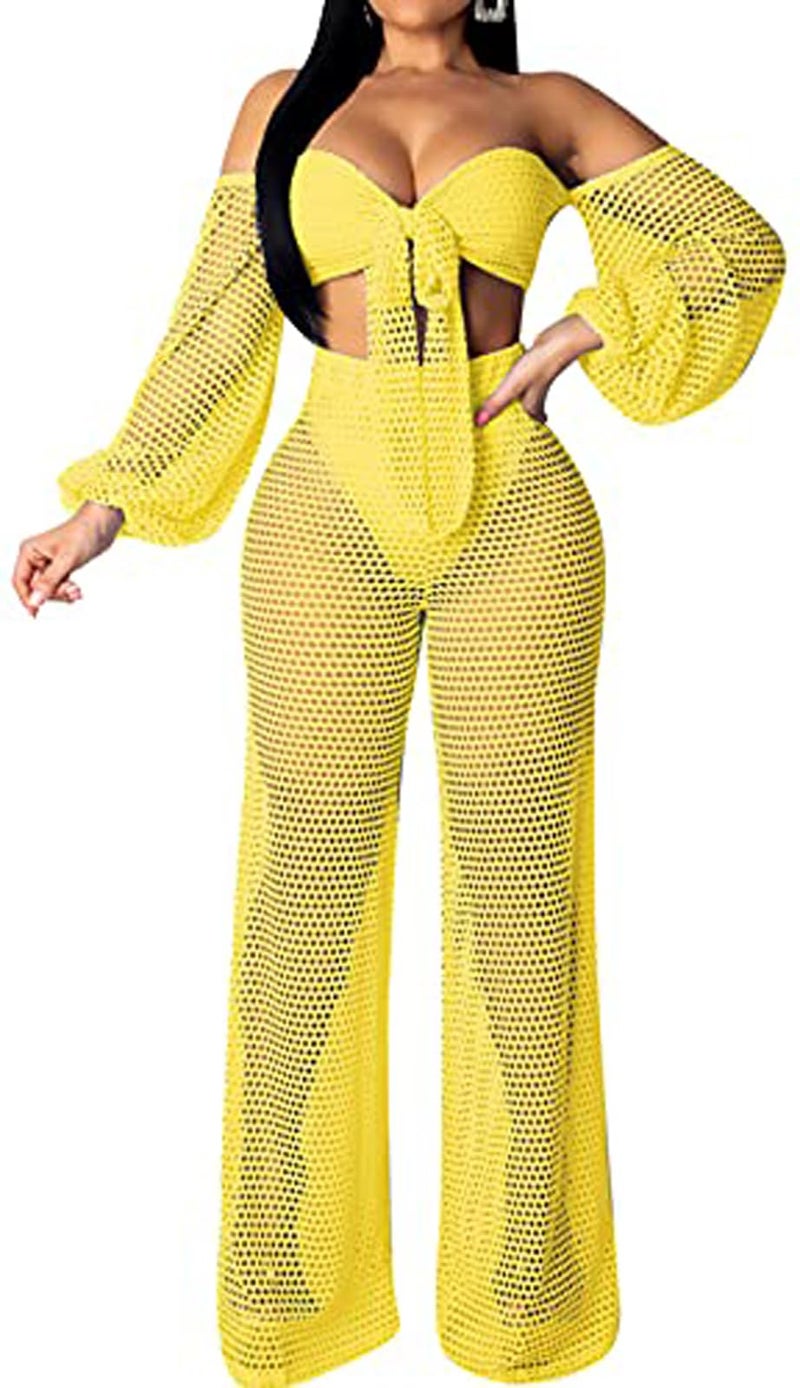 sexycherry Elegant Two Piece Cover Ups for Women Vacation Sexy Yellow Off The Shoulder Tube Top Long Straight Pants Bikini Sets Swimwear Beach with Bandage(2X-Large) - Image 1