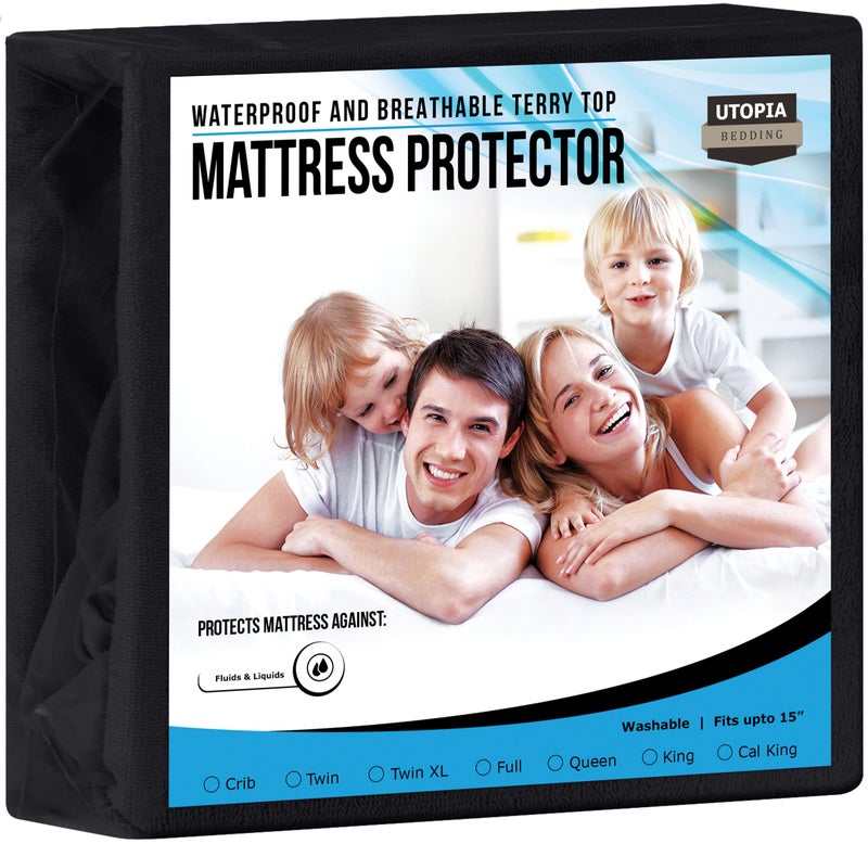 Utopia Bedding Waterproof Mattress Protector Twin Size  Premium Terry Mattress Cover 200 GSM  Breathable  Fitted Style with Stretchable Pockets (Black)