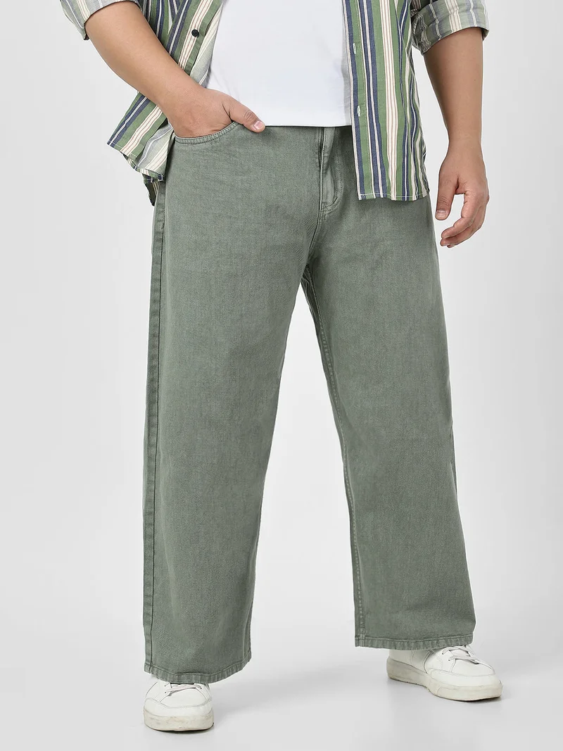 Urbano Fashion  Urbano Plus Men's Olive Green Loose Fit Washed Jeans Non-Stretchable  | Best Price UAE