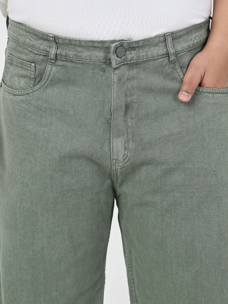 Urbano Fashion  Urbano Plus Men's Olive Green Loose Fit Washed Jeans Non-Stretchable  | Best Price UAE