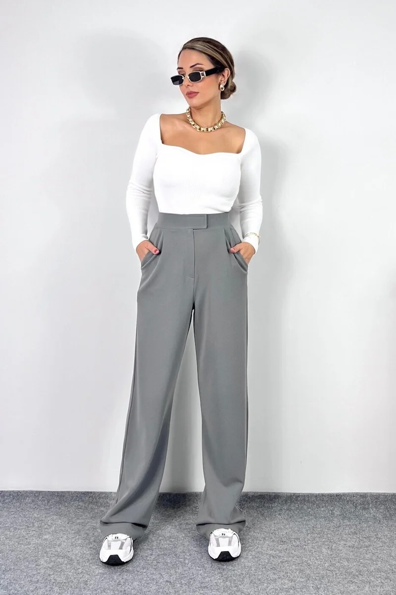 Ritnice Line Women's Lycra Velcro Closure Gray Palazzo Trousers