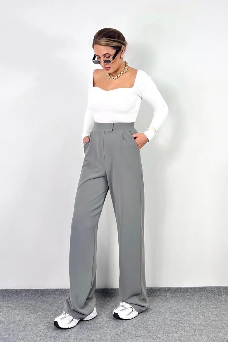 Ritnice Line Women's Lycra Velcro Closure Gray Palazzo Trousers