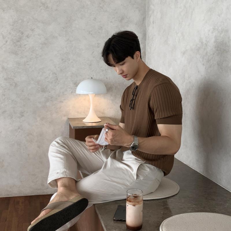 تي شيرت صيفي رقيق بأكمام قصيرة بأسلوب كوري للرجال، تصميم عصري ضيق، قابل للتنفس، نسيج محبوك، ياقة دائرية، خفيف، ناضج، وسيم، تي شيرت أساسي - Image 5