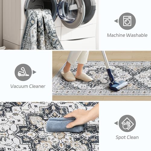 Madane Runner Rug 2x8, Washable Hallway Runner Rugs, Non-Slip Low-Pile Soft Kitchen Rug Runner Laundry Room Rug, Vintage Throw Entry Foyer Mat for Entrance Living Room (Black, 2 x 8) - Image 4