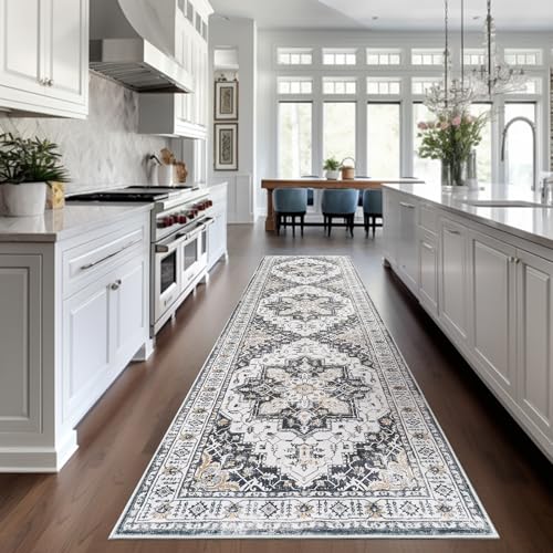 Madane Runner Rug 2x8, Washable Hallway Runner Rugs, Non-Slip Low-Pile Soft Kitchen Rug Runner Laundry Room Rug, Vintage Throw Entry Foyer Mat for Entrance Living Room (Black, 2 x 8) - Image 1