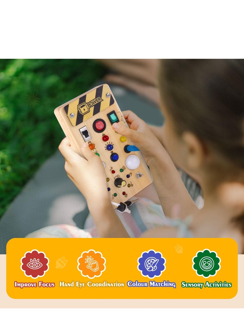 VIUAUAX Montessori toddler busy board, baby wooden busy board with 8 LED light switches, sensory toys light switch toys travel toys for 1+ year old baby and toddler - Image 5