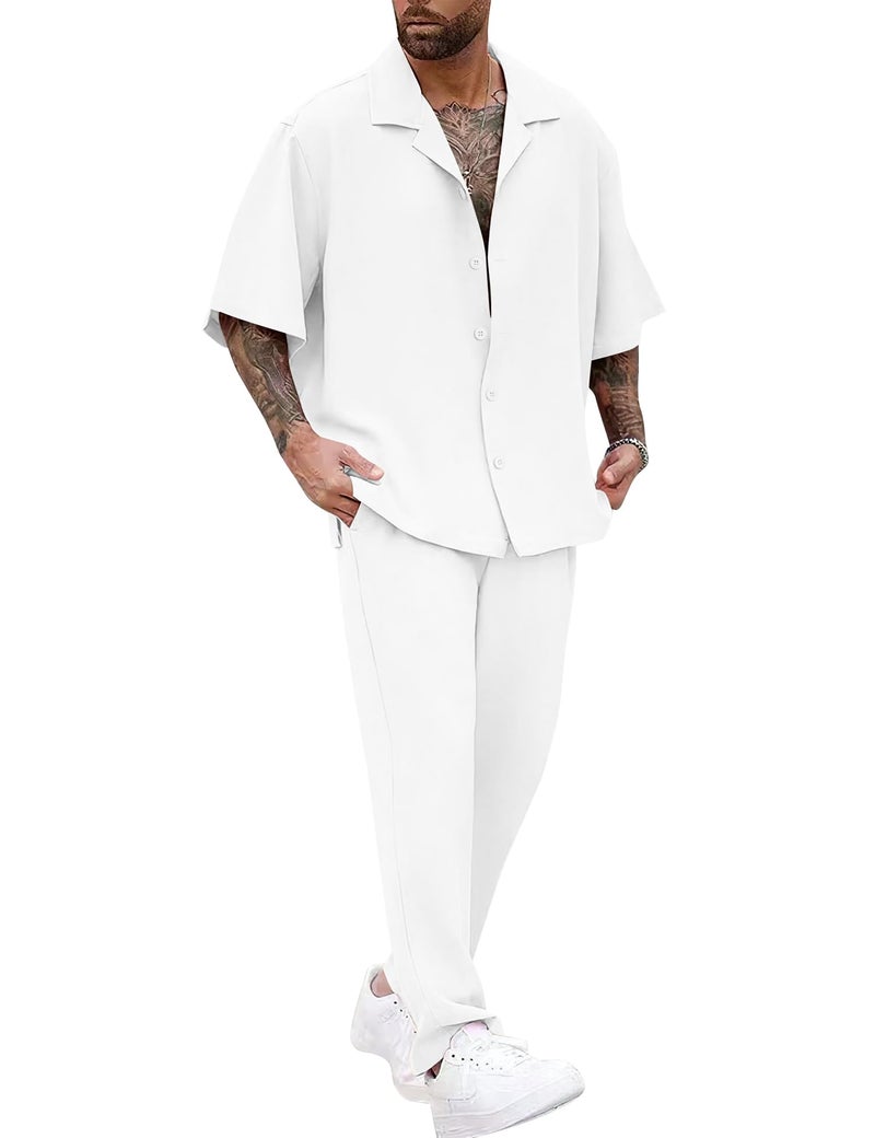 LecGee Men Solid Shirt Pants Casual Button Down Top Two Piece Set Fashion Outfit Loungewear Party Tracksuit(White,XL) - Image 1