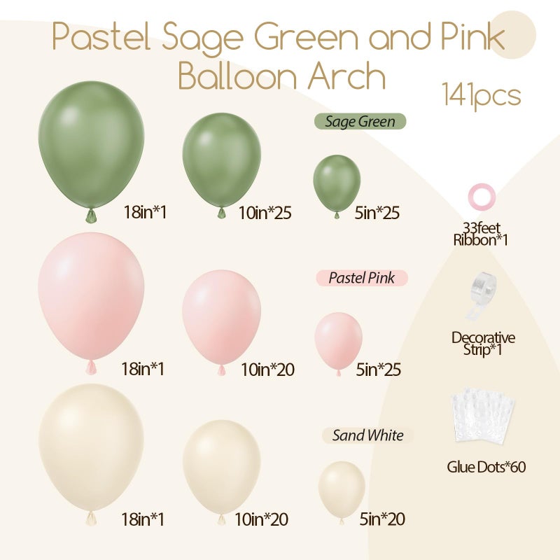 awenztech 141pcs Pink and Green Balloon Arch Garland Kit with Sage Green Pastel Pink Sand White Balloons for Birthday Bridal Shower Party Boho Baby in Bloom Baby Shower Decorations - Image 2